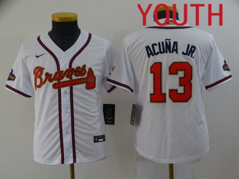 Youth Atlanta Braves #13 Acuna jr White Gold Game Nike 2022 MLB Jersey